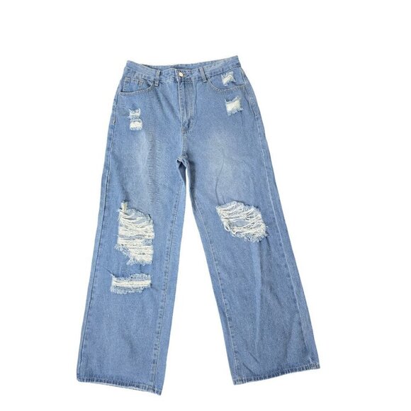 Wide Leg Distressed Casual Jeans - Picture 1 of 14